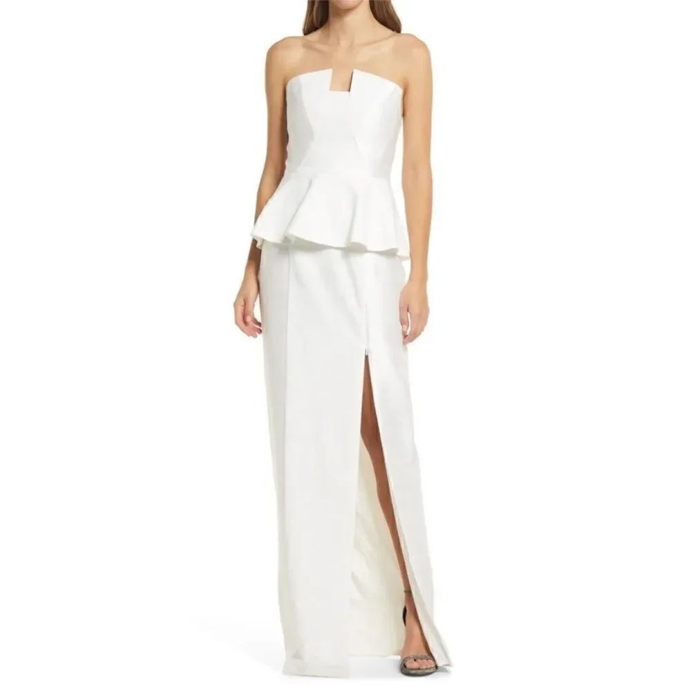 Black Halo Eve Lena Strapless Peplum Column Gown Ivory Sz 4 NWT